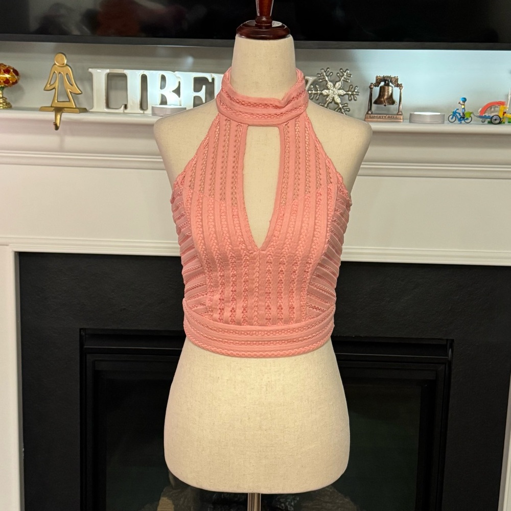 🌸 Bardot Blush Pink Halter Crop Top with Open Front Detail 🌸